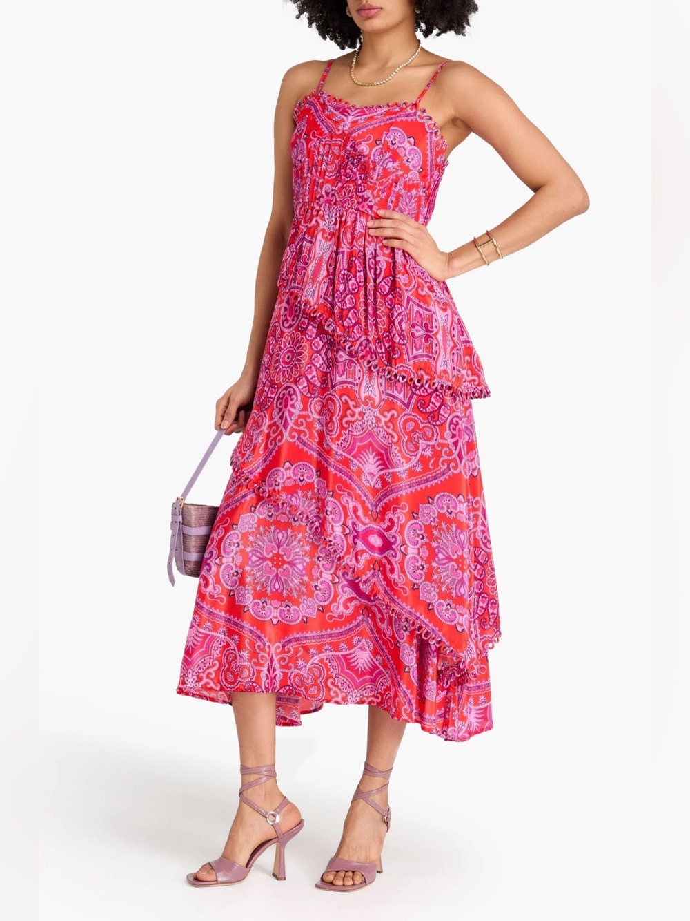 FARM Rio Pink and Red Paisley Tiered Maxi Dress